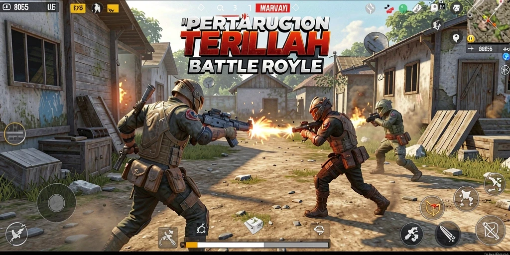 Menampilkan gameplay seru dalam pertempuran Battle Royale.