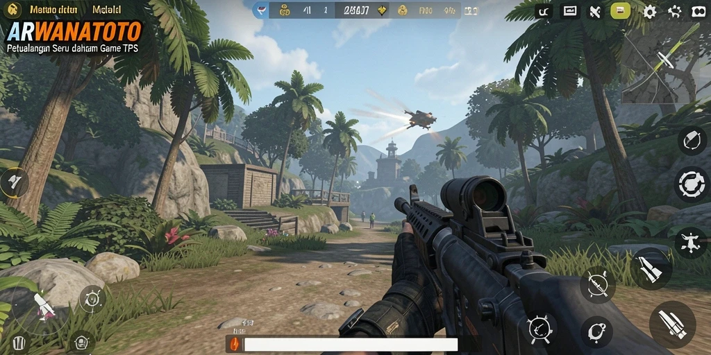 Tampilan gameplay seru ARWANATOTO dalam aksi TPS.