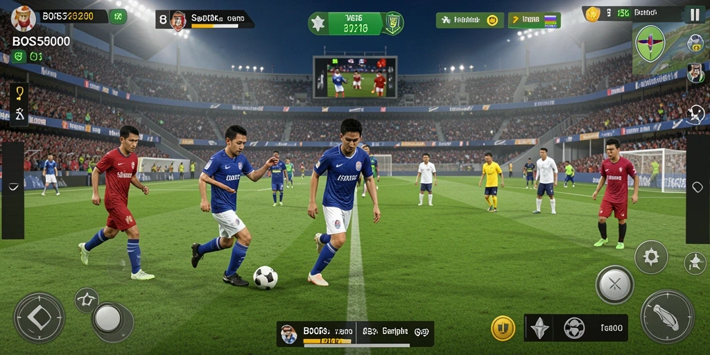 Tampilan gameplay BOS5000 dengan momen seru pertandingan sepak bola.