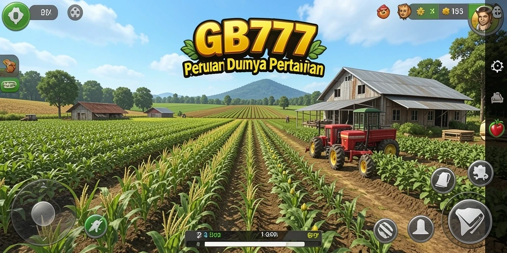 Screenshot utama GB777 menampilkan pemain yang sedang melakukan panen tanaman di ladang.