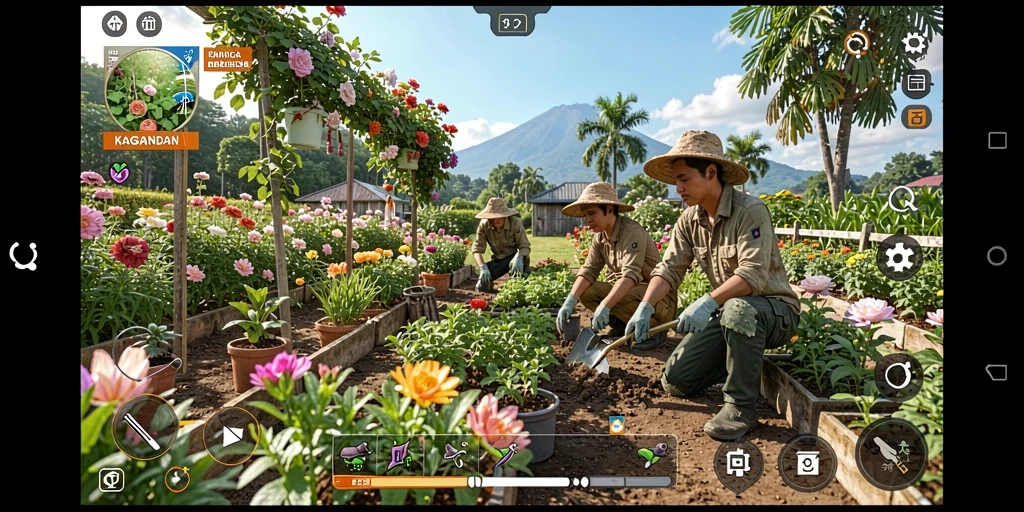 Tampilan gameplay KAGANDAN dengan aktivitas berkebun yang menarik.