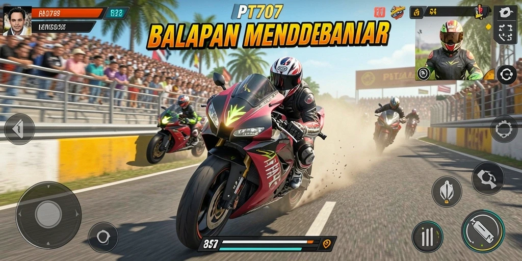 Gameplay PT707 yang mendebarkan saat balapan motor.
