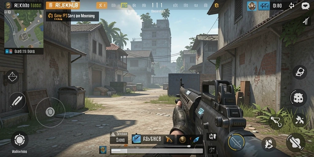 Screenshot gameplay seru REJEKIHUB menunjukkan aksi tembak-menembak intens.