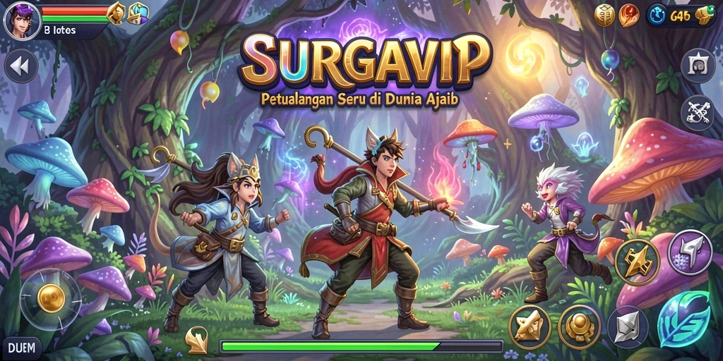 Screenshot utama SURGAVIP menampilkan aksi seru di dunia petualangan.