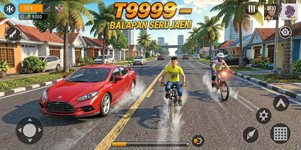 Gameplay seru T9999 saat balapan di trek yang menantang.