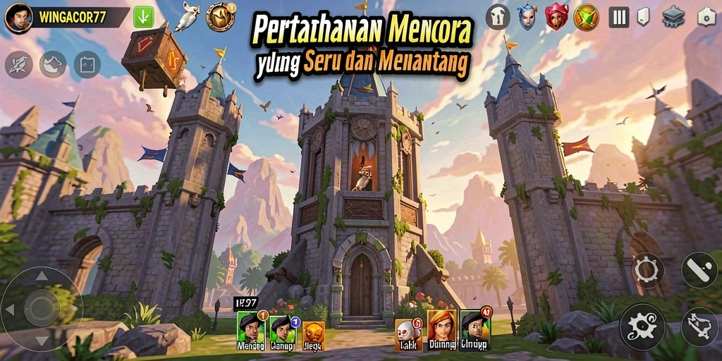Tangkapan layar dari gameplay mendebarkan WINGACOR77 dengan menara dan musuh.